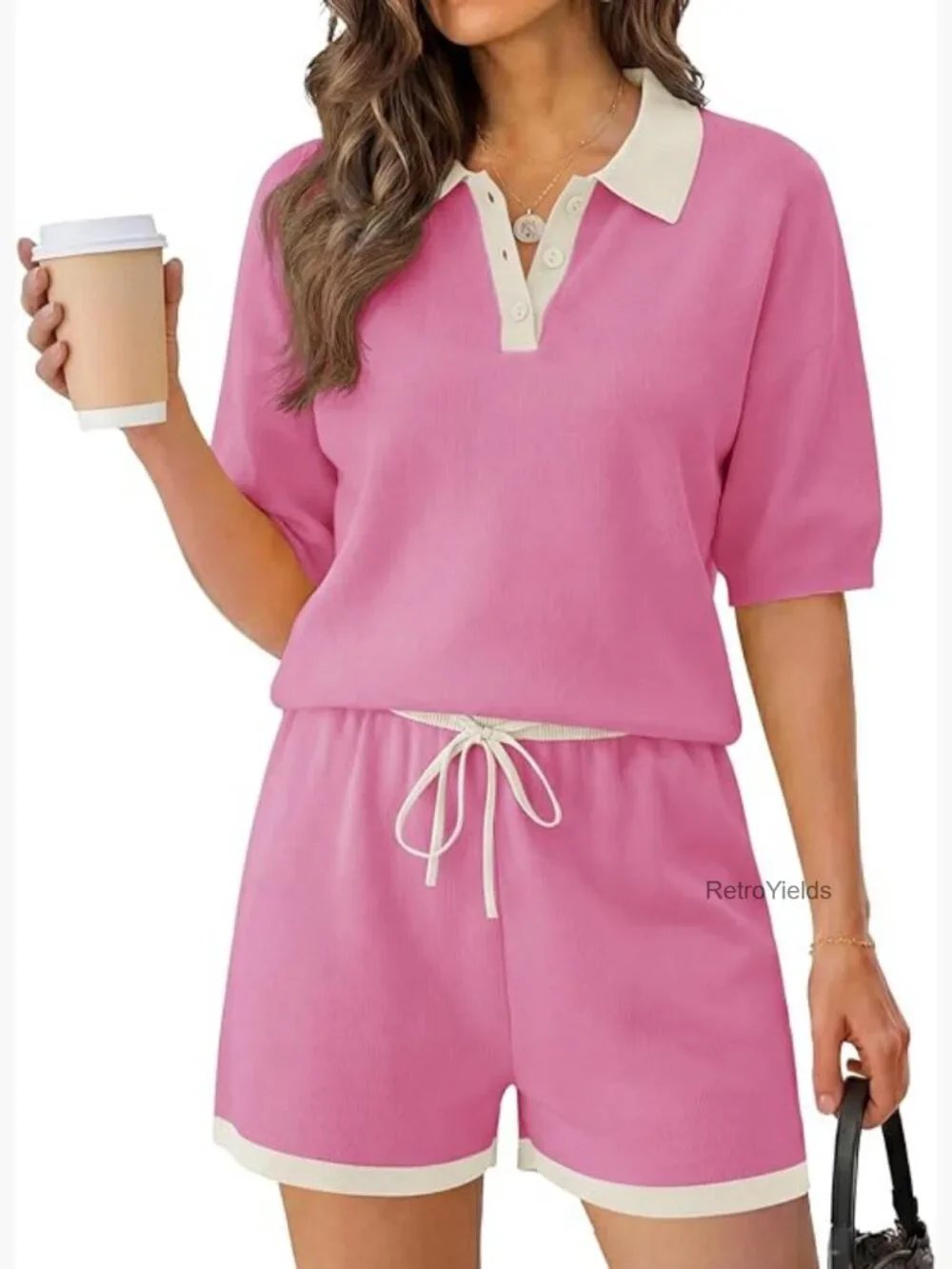 2 Piece Knit Short Set Short Sleeve Collared Top Matching Lounge Outfit